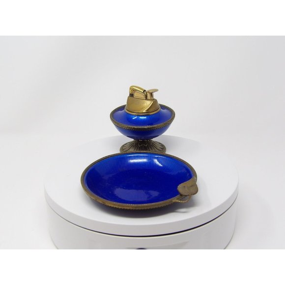 Evans Elegance Blue Enamel & Brass Guilloche Pedestal Table Lighter & Ashtray - Picture 2 of 10